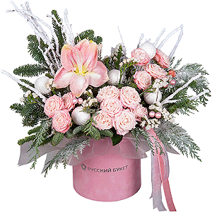 Pink amaryllis - 1, Peony sprayrose - 7, Round flower box medium, Oasis, Spruce branches (1pc.), Thuja, Christmas decor (set), Artificial branch, Ribbon, White statice