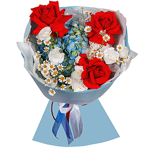 Red rose Nina 50 cm - 7, Blue/purple hydrangea - 1, Chamomile - 2, White spray carnation - 4, Baltica White Spray Chrysanthemum - 1, Wrapping Paper