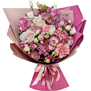 Cream Rose 50 cm Ecuador (Creme Caramel) - 5, Peony sprayrose - 6, Pink carnation - 7, lisianthus - 2, Pink Lisianthus (Eustoma) - 2, Solidago (1 pc.), Wrapping Paper