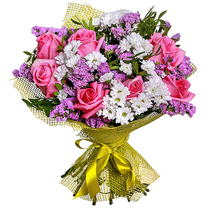 Pink rose 50 cm - 10, Santini White Spray Chrysanthemum - 7, Pistachio, Mesh (Abaka), Blue Statice, Ribbon
