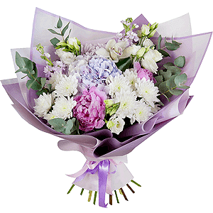 Blue/purple hydrangea - 1, Peony pink - 3, White Cymbidium Orchid Bud - 2, Baltica White Spray Chrysanthemum - 2, Matthiola Lilac - 3, lisianthus - 4, Baltica Pink Spray Chrysanthemum - 2, Flask for orchids, Aspidistra (1 pc.), Eucalyptus Cinerea, Wrapping Paper