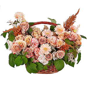 Gerbera white - 14, Rose Pink 50 cm Ecuador (Chelo, Hermosa, Novia, Titanik, Engagement, Pink Mondiale) - 9, lisianthus - 4, Spray rose: white, cream, light pink 50 cm - 9, Medium Basket, Oasis, Astilbe, Dried flowers in assortment,  Raspberry branch