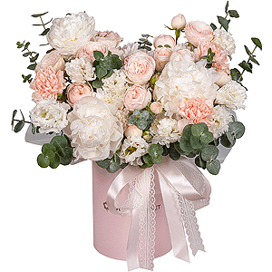 Peony white - 3, Peony sprayrose - 3, Carnation white, cream - 13, Baltica White Spray Chrysanthemum - 5, lisianthus - 3, Round flower box small , Oasis, Eucalyptus, Ribbon