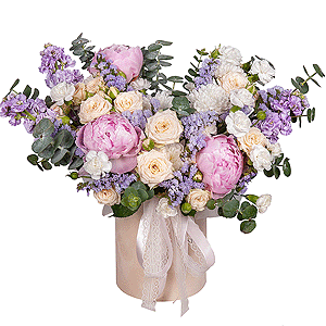 Peony pink - 3, Peony sprayrose - 2, Baltica White Spray Chrysanthemum - 2, White spray carnation - 9, Matthiola Lilac - 5, Round flower box small , Oasis, Blue Statice, Eucalyptus, Ribbon