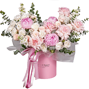 Peony pink - 3, Peony sprayrose - 3, Baltica White Spray Chrysanthemum - 3, White Matthiola - 3, lisianthus - 5, Carnation white, cream - 19, Rose Esperance - 9, Round flower box medium, Oasis, White statice, Eucalyptus, Ribbon