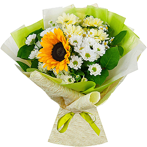 Sunflower - 2, Bacardi Yellow Spray Chrysanthemum - 2, Santini White Spray Chrysanthemum - 3, Chamomile - 2, Salal, Wrapping Paper, Ribbon