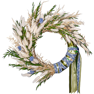 Dried flowers in assortment, Ribbon, Bouquet frame structure