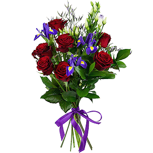 Purple Lisianthus (Eustoma) - 3, Red rose 50 cm - 10, Irises - 4, Limonium (1 pc.), Ruscus, Ribbon