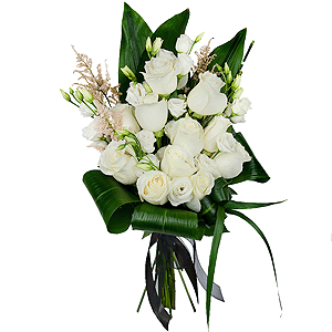 White rose 50 cm - 14, lisianthus - 6, Astilbe, Aspidistra (1 pc.), Ribbon
