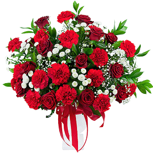 Carnation red - 20, Santini White Spray Chrysanthemum - 12, Gypsophila - 2, Red rose 50 cm - 17, Opaque vase, Oasis, Ruscus