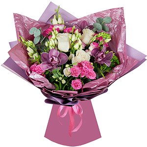 White rose 50 cm - 5, Pink Cymbidium Orchid Bud - 5, Bright pink spray rose mix, 50 cm - 5, Pink Lisianthus (Eustoma) - 4, Eucalyptus Cinerea, Pistachio, Flask for orchids, Wrapping Paper