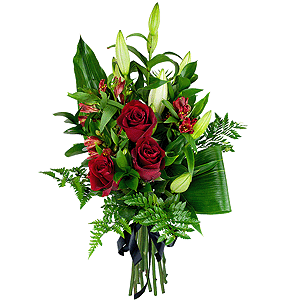 Lilies - 3, Alstromeria Red, Bright Pink - 5, Red rose 50 cm - 5, Fern (1 pc.), Aspidistra (1 pc.), Ruscus, Ribbon