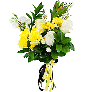 Baltica Yellow Spray Chrysanthemum - 4, White rose 50 cm - 5, lisianthus - 3, Leukodendron, Waxflower (1 pc.), Ruscus, Ribbon