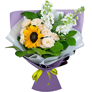 Sunflower - 3, White Matthiola - 3, Spray rose: white, cream, light pink 50 cm - 3, Salal, Eucalyptus Cinerea, Wrapping Paper