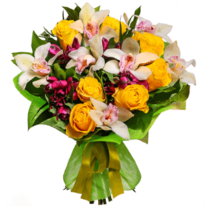 White Cymbidium Orchid Bud - 13, Yellow rose 50 cm - 13, Alstromeria lilac, purple - 8, Flask for orchids, Salal, Felt, Ribbon