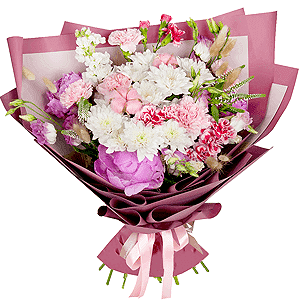 White Matthiola - 2, Baltica White Spray Chrysanthemum - 5, Pink Lisianthus (Eustoma) - 4, Peony pink - 4, Pink spray carnation - 5, Pink carnation - 6, Veronica spray, Cotton bud, Dried flowers decor, Wrapping Paper