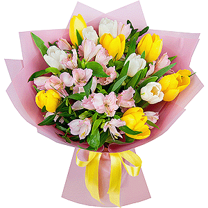 Alstromeria white, soft pink - 9, Tulip white - 9, Yellow tulip - 8, Pistachio, Wrapping Paper, Ribbon
