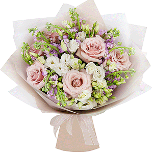 Matthiola Lilac - 14, lisianthus - 5, Rose Powder 50 cm Ecuador (Quicksand, Menta) - 11, Wrapping Paper