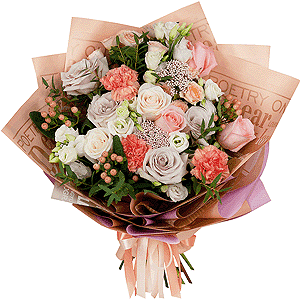 White rose 50 cm - 5, Pink rose 50 cm - 5, Pink carnation - 5, lisianthus - 5, Spray rose: white, cream, light pink 50 cm - 3, Rose Powder 50 cm Ecuador (Quicksand, Menta) - 4, Ozotamnus, Eucalyptus parvifolia (1 pc.), Hypericum, Wrapping Paper
