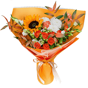 Sunflower - 3, Orange carnation - 3, lisianthus - 4, Baltica White Spray Chrysanthemum - 2, Spray rose: yellow, orange 50 cm - 4, Ruscus italian, Ribbon, Wrapping Paper
