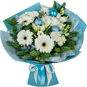 Gerbera white - 5, Spray rose: white, cream, light pink 50 cm - 4, Baltica White Spray Chrysanthemum - 3, lisianthus - 4, Carnation white, cream - 3, Aspidistra (1 pc.), Spruce branches (1pc.), Christmas decor (set), Wrapping Paper