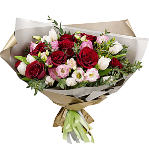 Red rose 50 cm - 19, Pink tulip - 14, Pink Lisianthus (Eustoma) - 7, Eucalyptus parvifolia (1 pc.), Wrapping Paper