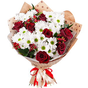 Bacardi White Spray Chrysanthemum - 8, Red rose 50 cm - 11, Hypericum, Ruscus, Wrapping Paper, Ribbon
