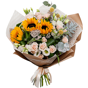 Sunflower - 5, Spray rose: white, cream, light pink 50 cm - 7, lisianthus - 5, Aspidistra (1 pc.), Veronica spray, Craspedia, Ozotamnus, Fern (1 pc.), Eucalyptus Cinerea, Wrapping Paper