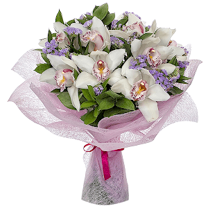 White Cymbidium Orchid Bud - 15, Ruscus, Blue Statice, Felt, Ribbon, Flask for orchids