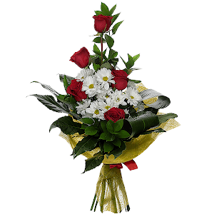Red rose 50 cm - 7, Bacardi White Spray Chrysanthemum - 4, Fatsia (1 pc.), Ruscus, Felt, Ribbon, Aspidistra (1 pc.)