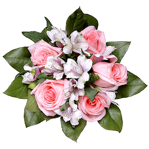 Pink rose 50 cm - 7, Alstromeria lilac, purple - 4, Ribbon, Salal