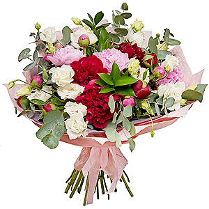 Peony pink - 27, lisianthus - 9, Ruscus, Eucalyptus Cinerea, Wrapping Paper