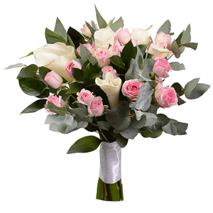 Calla lilies - 11, Bright pink spray rose mix, 50 cm - 13, Ruscus, Eucalyptus Cinerea, Ribbon