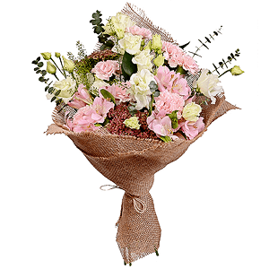 Pink carnation - 12, Alstromeria white, soft pink - 4, lisianthus - 7, Sedum, Ruscus, Green bell (1 pc.), Eucalyptus baby blue (1 pc.), Sackcloth, 1m, Ribbon