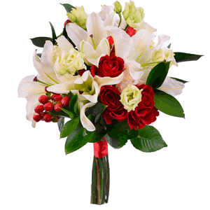 Lilies - 4, Red rose 50 cm - 5, lisianthus - 4, Hypericum, Ruscus, Ribbon