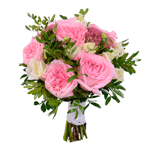 Peony rose pink 'OHara' - 7, lisianthus - 5, Sedum, Pistachio, Ribbon
