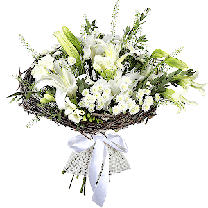 Lilies - 3, Freesia - 4, Athos poms Stallion - 4, Green bell (1 pc.), Eucalyptus parvifolia (1 pc.), The frame of the branches, Mesh (Abaka), Ribbon