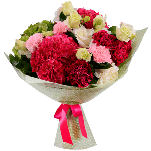Pink Hydrangea - 3, Carnation red - 7, lisianthus - 4, Pink carnation - 5, Carnation white, cream - 6, Green Hydrangea - 2, Ruscus, Felt, Ribbon