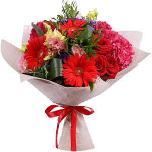 Pink Hydrangea - 3, lisianthus - 7, Gerbera red - 5, Red rose 50 cm - 7, Aspidistra (1 pc.), Blue Statice, Pistachio, Felt, Ribbon