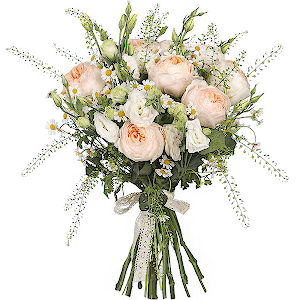 David Austin peonyroses - 11, lisianthus - 6, Chamomile - 6, Green bell (1 pc.), Ribbon