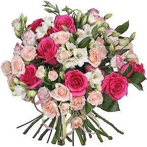 Pink rose 50 cm - 10, Spray rose: white, cream, light pink 50 cm - 10, Pink Lisianthus (Eustoma) - 5, Freesia - 7, Ruscus, Ribbon