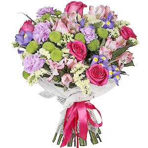 Pink rose 50 cm - 7, Alstromeria white, soft pink - 5, Irises - 7, Athos pom Feeling Green - 4, Lilac carnation - 6, Mesh (Abaka), Ribbon, White statice