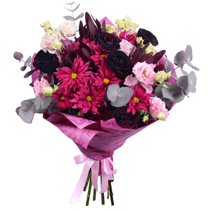 Rose black - 9, Bacardi Red Spray Chrysanthemum - 4, Pink Lisianthus (Eustoma) - 7, Leukodendron, Eucalyptus Cinerea, Wrapping Paper, Film, Ribbon