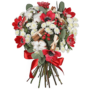 Red anemone - 9, Athos poms Stallion - 8, Hypericum, Eucalyptus populus (1 pc.), Cotton bud, Cinnamon decorative packaging, Ribbon