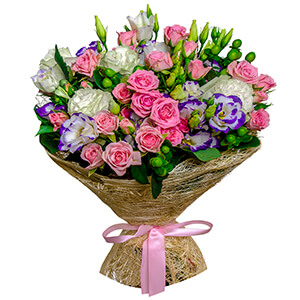 White rose 50 cm - 9, Bright pink spray rose mix, 50 cm - 9, Purple Lisianthus (Eustoma) - 9, Hypericum, Sisal, Ribbon
