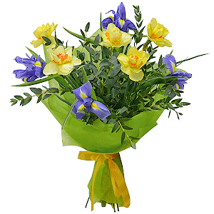 Narcissus - 7, Irises - 6, Eucalyptus parvifolia (1 pc.), Felt, Ribbon