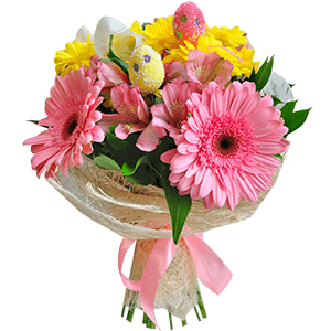 Bacardi Yellow Spray Chrysanthemum - 3, Alstromeria white, soft pink - 3, Gerbera pink - 4, Ruscus, Feathers decor., Decorative element small, Sisal