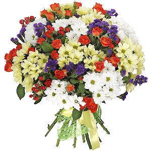 Spray rose: yellow, orange 50 cm - 11, Bacardi White Spray Chrysanthemum - 6, Bacardi Yellow Spray Chrysanthemum - 5, Blue Statice, Hypericum, Sisal, Ribbon