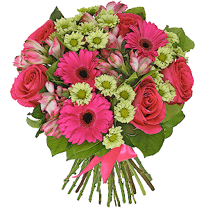 Pink rose 50 cm - 9, Purple gerbera - 5, Athos poms Green Lizard - 9, Alstromeria white, soft pink - 8, Salal, Ribbon
