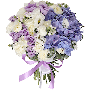 Blue/purple hydrangea - 2, lisianthus - 2, Matthiola Lilac - 3, White spray carnation - 4, Purple Lisianthus (Eustoma) - 2, Eucalyptus baby blue (1 pc.), Pistachio, Ribbon